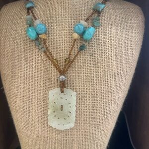 Turquoise and Cream Beaded Necklace with Jade Pendant